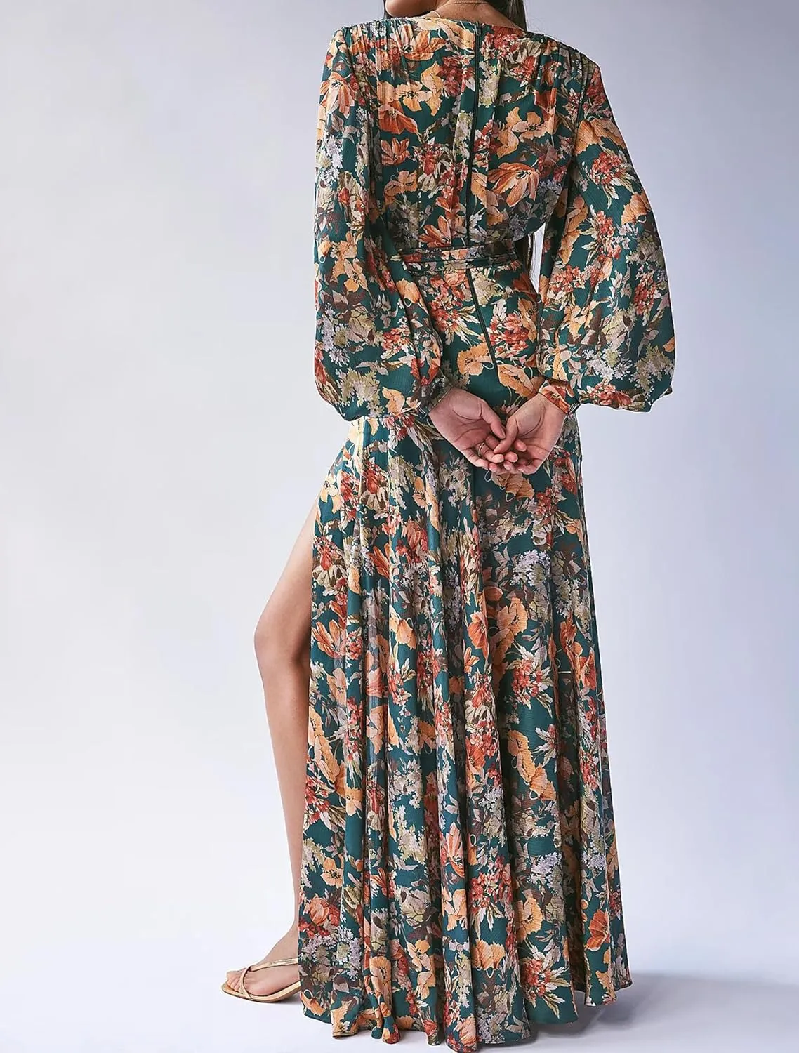 Women's Bohemian Floral Print Long Dress Lantern Long Sleeves Wrap V-Neck Slit Hem Flowy A-Line Party Maxi Dress