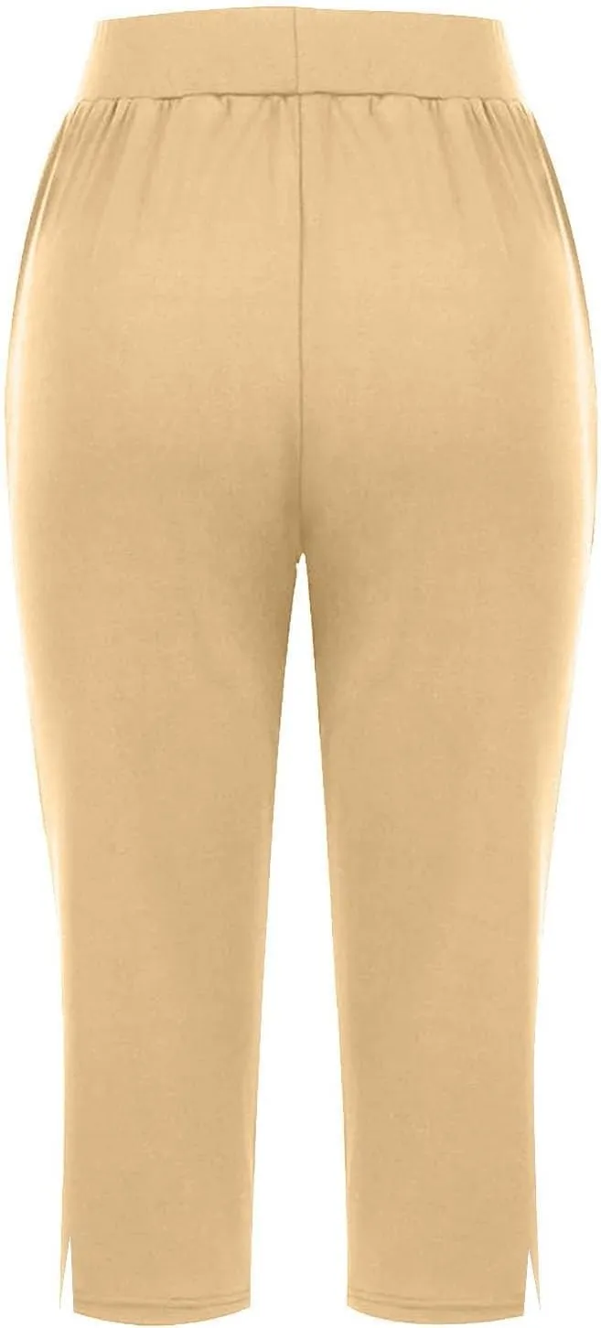 Womens Capri Pants Dressy Casual Summer Stretch Pull On Capris Joggers Elastic Waist Light Weight Yoga Lounge Slacks