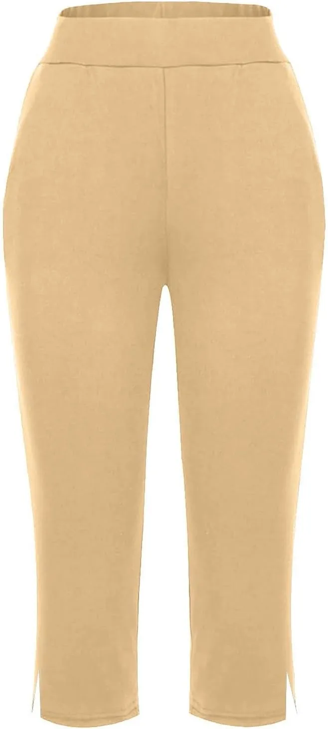 Womens Capri Pants Dressy Casual Summer Stretch Pull On Capris Joggers Elastic Waist Light Weight Yoga Lounge Slacks